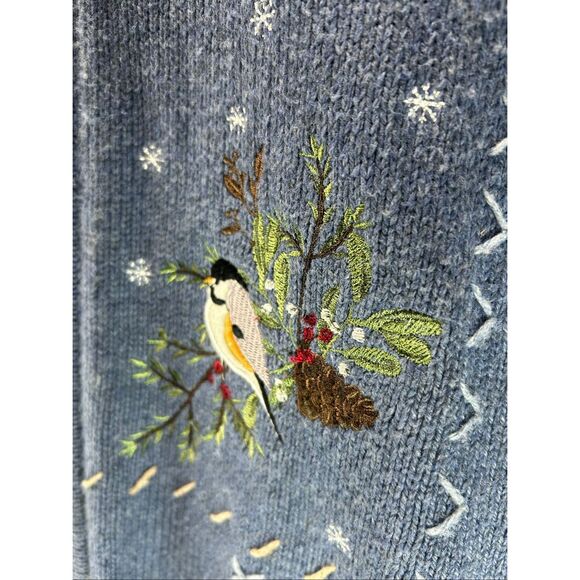 Blue Knit Holiday Cardigan PL Embroidered Winter Birds Cardinals Pinecones Zip - Picture 8 of 13